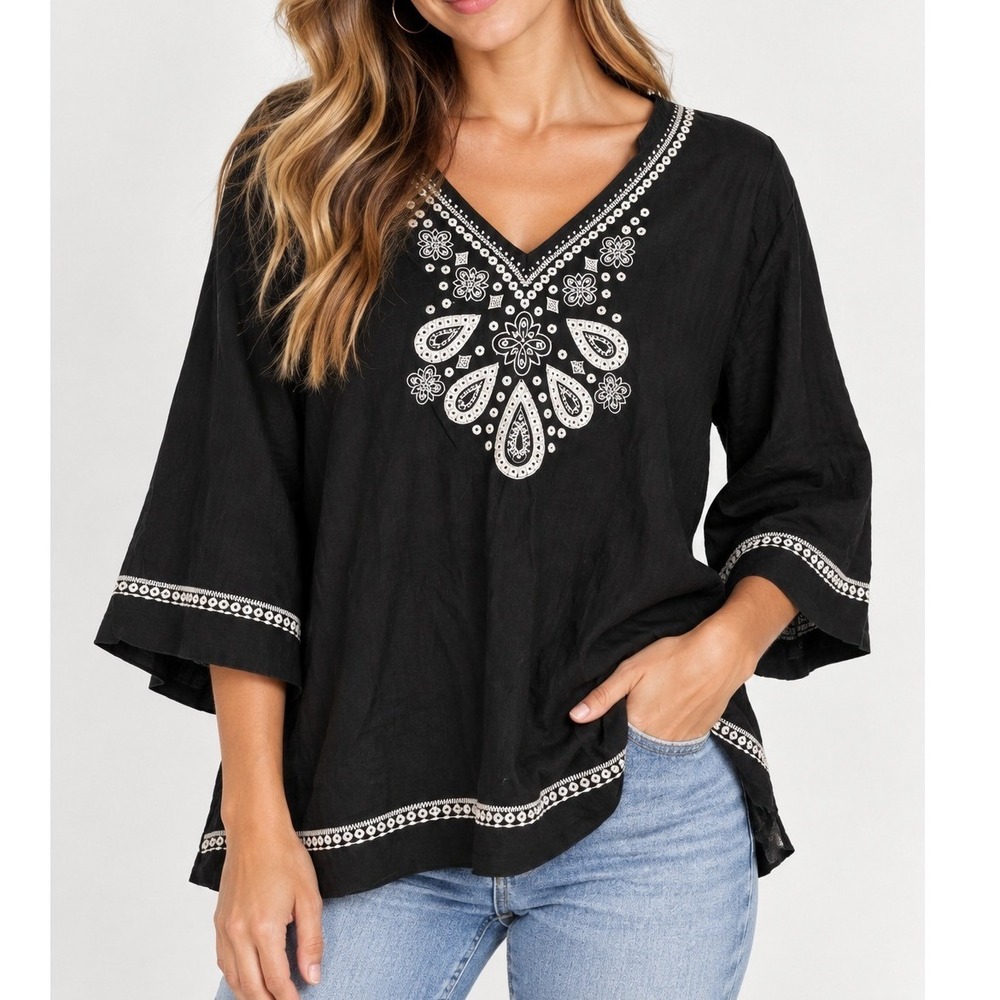 Tommy Bahama Linen Embroidered Tunic Coastal Vacation Boho Resortwear Minimalist